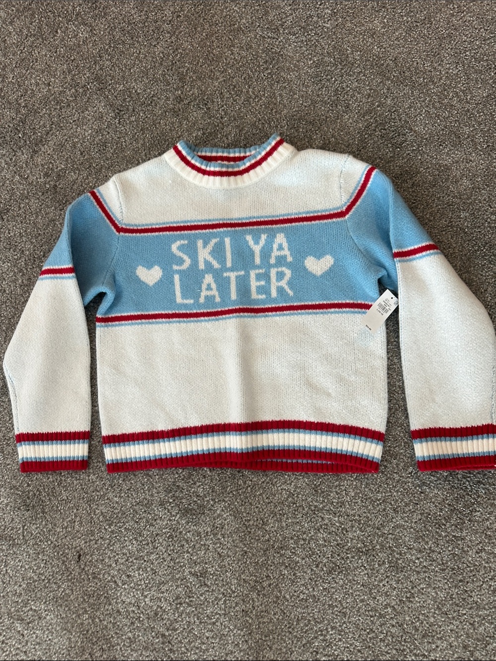 Old Navy Cream and Light Blue "Ski Ya Later" Knit Sweater with Red Trim
